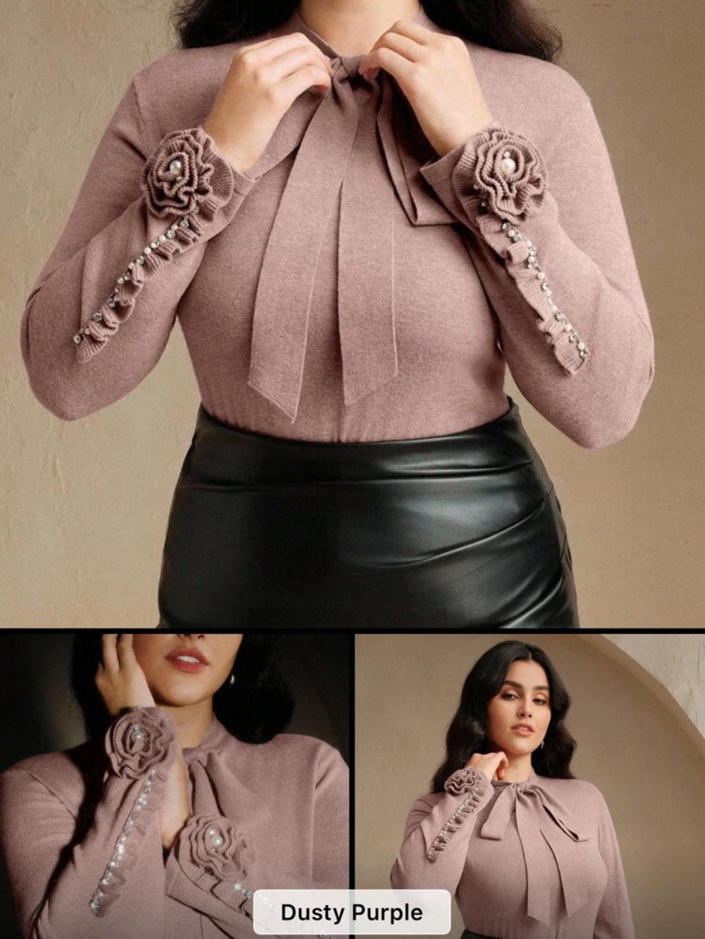 Dusty Purple Bow-Neck Knit Sweater with Floral Cuff Detail
